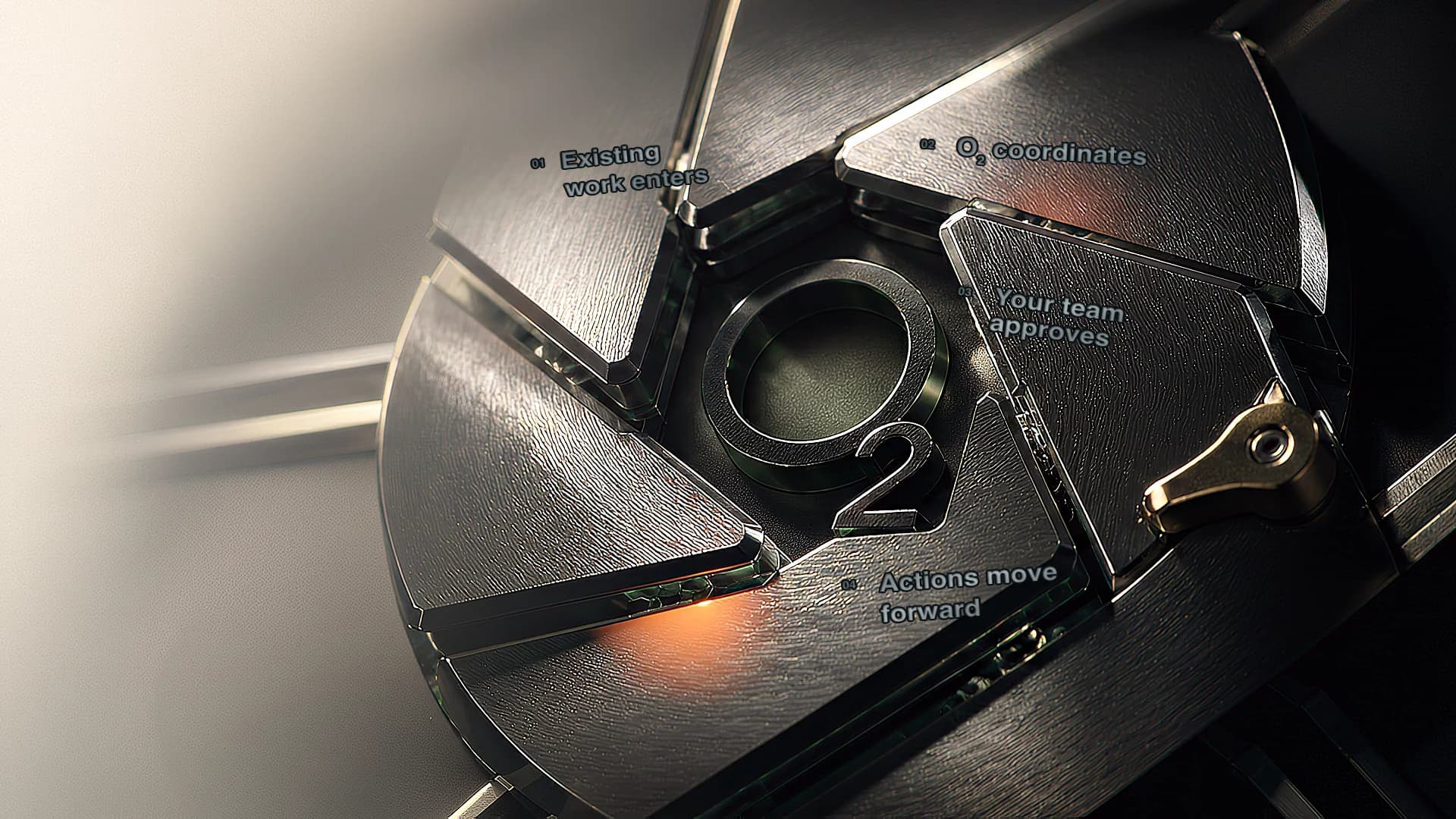 A precision O₂ aperture with four workflow steps engraved into dark metal